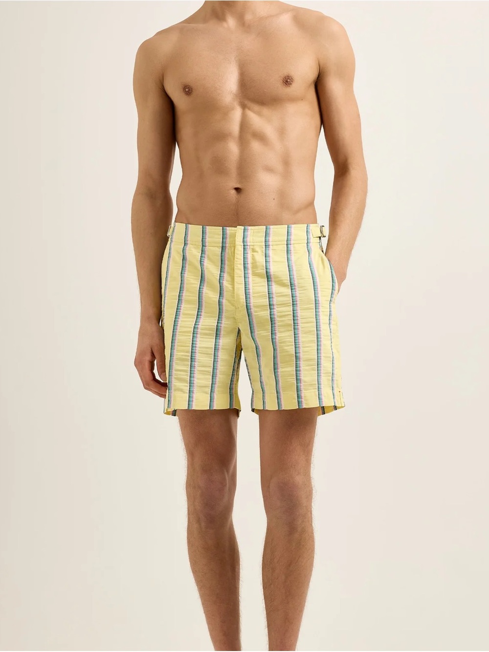 NWT Orlebar Brown Bulldog Mid-Length Deckchair Stripe Swim Shorts | Yellow Multi